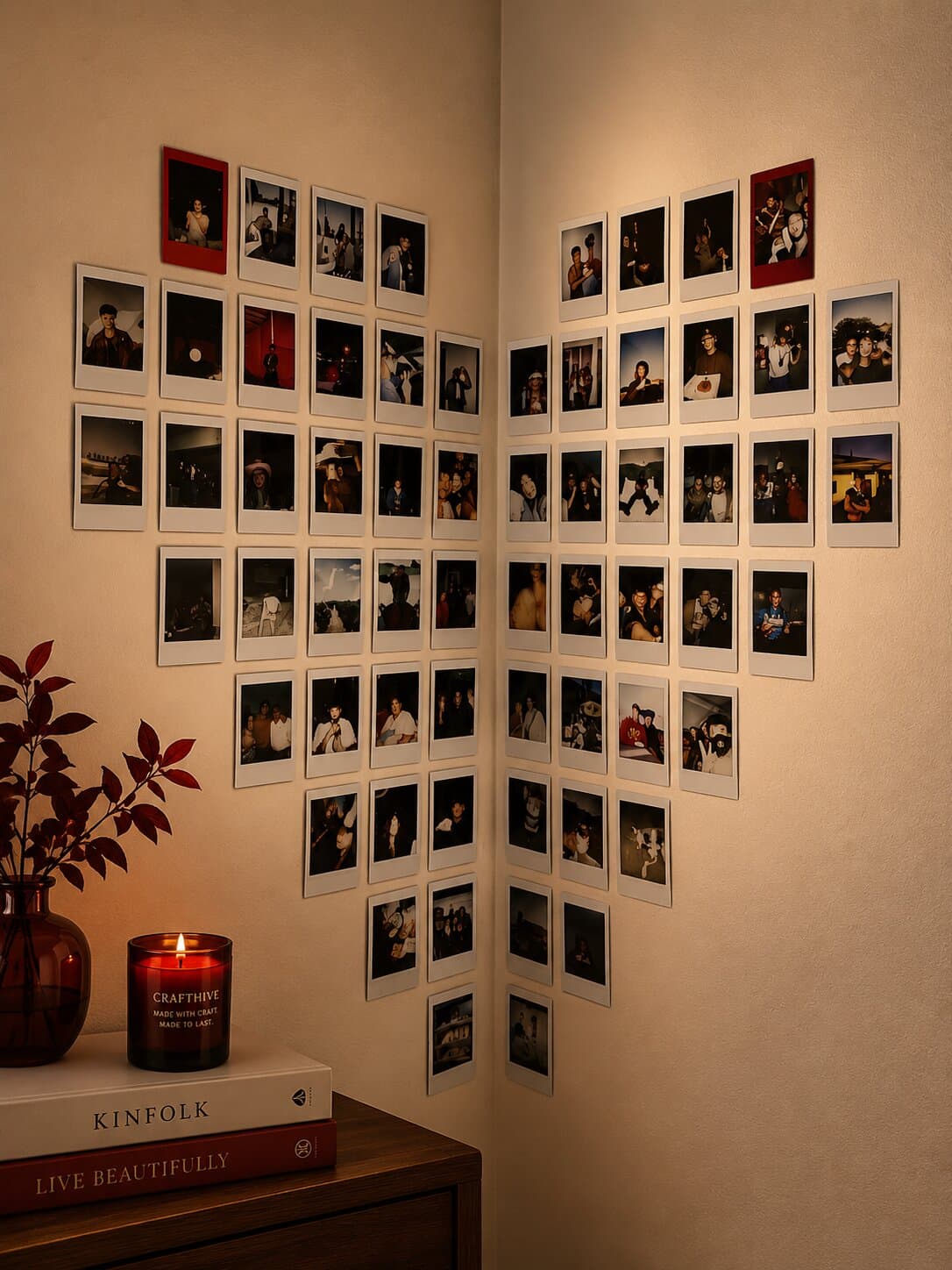 Custom framed gallery wall with heart-shaped polaroids